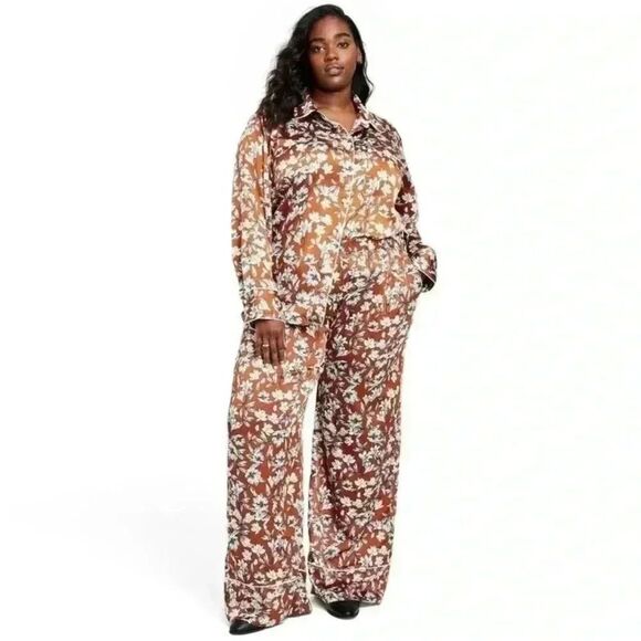 XL 🔖 LA LIGNE x Target Women's Floral Wide Leg Trousers - Brown White NWOT! - Picture 8 of 12